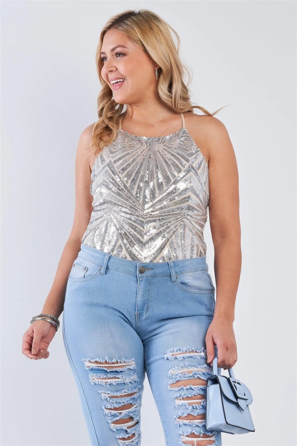 Junior Plus Size Nude Silver Sequin Strappy Bodysuit /2-2-2 - Tasha Apparel Wholesale