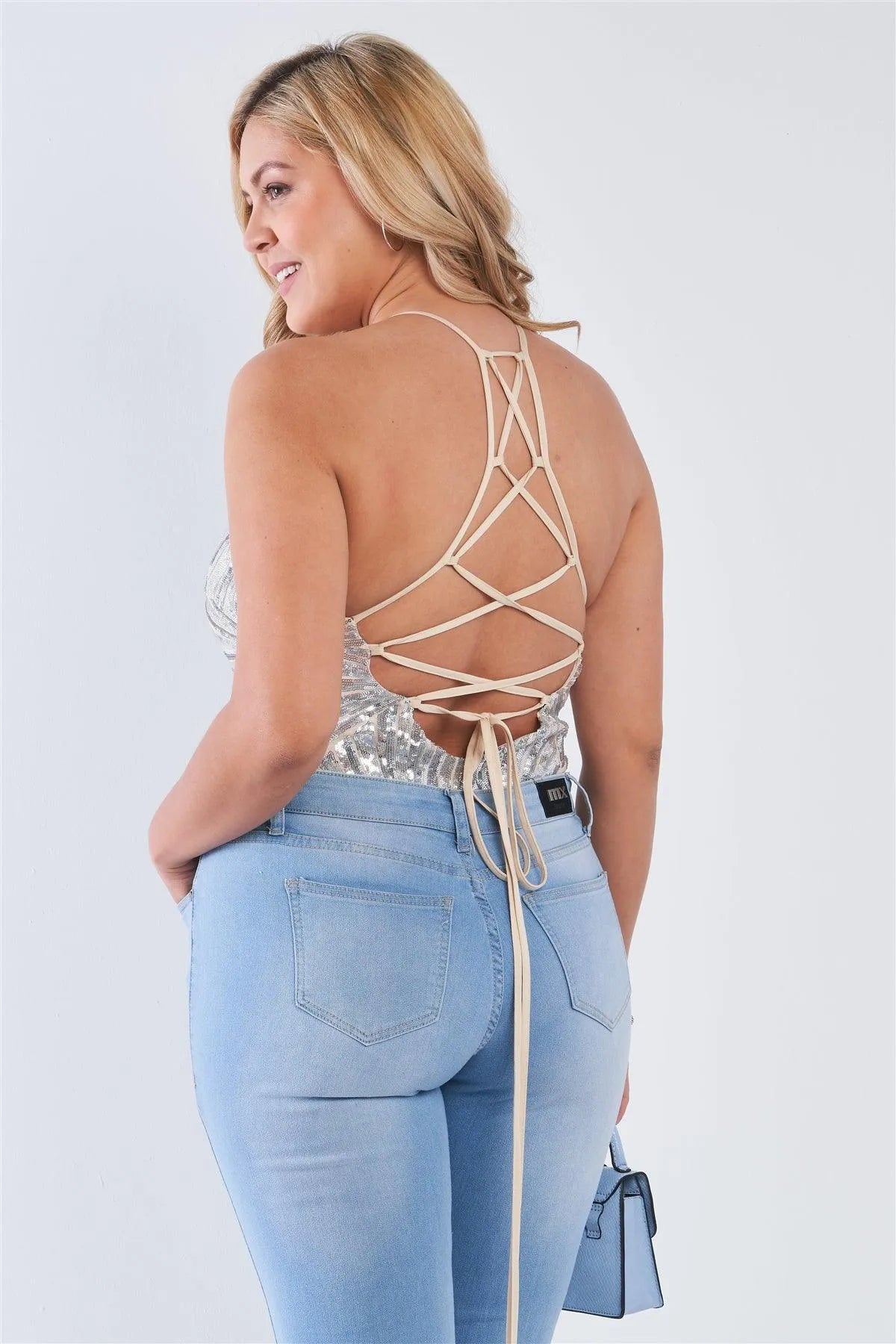Junior Plus Size Nude Silver Sequin Strappy Bodysuit /2-2-2 - Tasha Apparel Wholesale