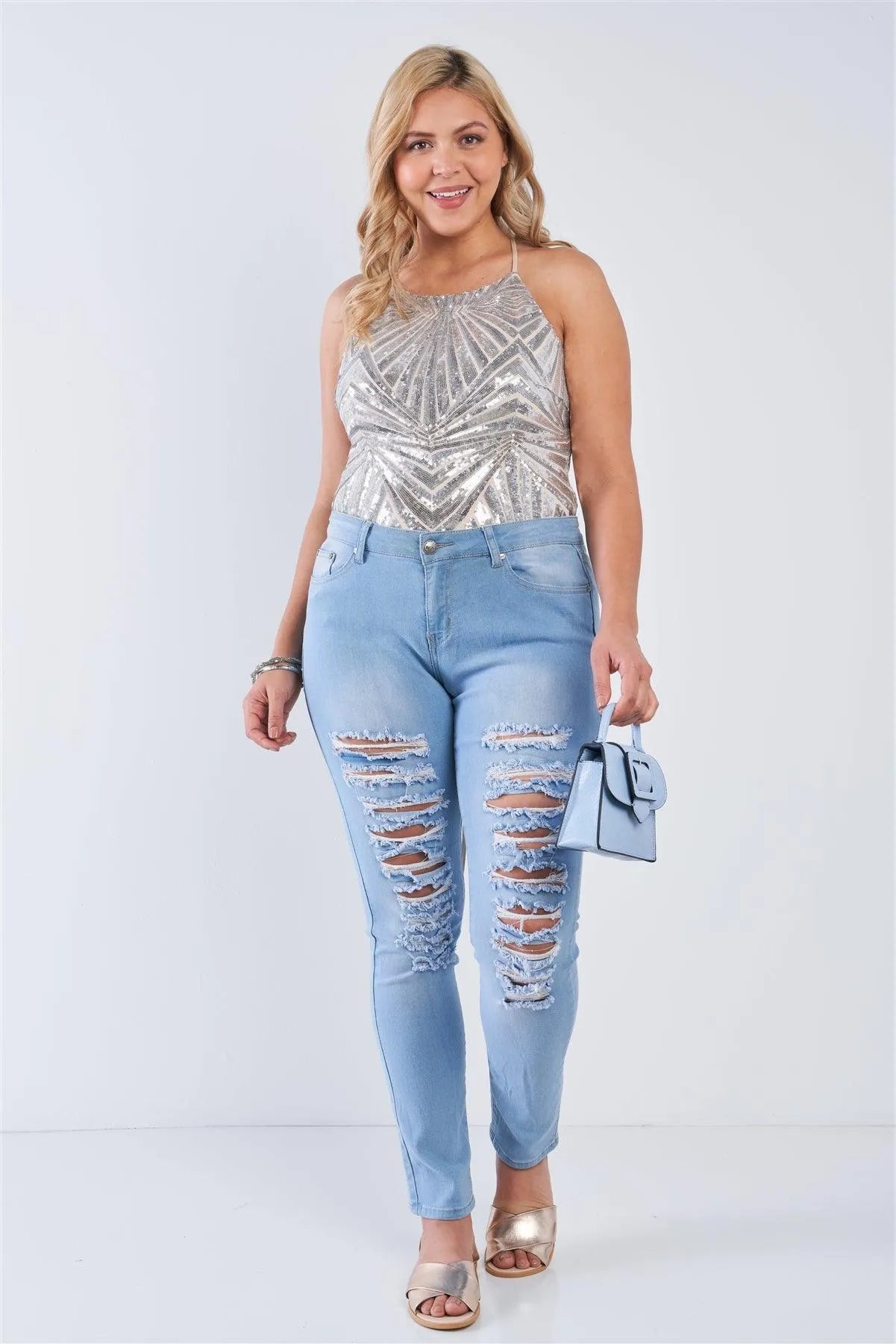 Junior Plus Size Nude Silver Sequin Strappy Bodysuit /2-2-2 - Tasha Apparel Wholesale