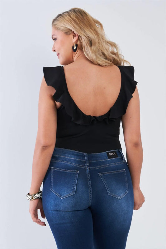 Junior Plus Black V-Neck Flare Trim Bodysuit /4-2-1 - Tasha Apparel Wholesale