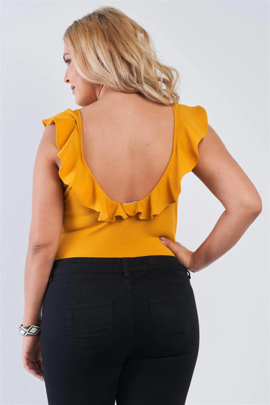 Junior Plus Mustard V-Neck Flare Trim Bodysuit /2-1-1 - Tasha Apparel Wholesale