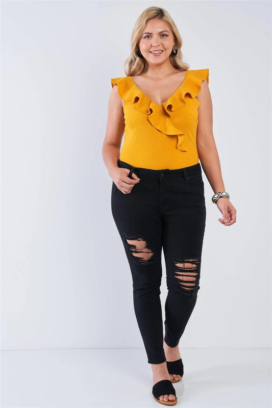 Junior Plus Mustard V-Neck Flare Trim Bodysuit /2-2-2 - Tasha Apparel Wholesale