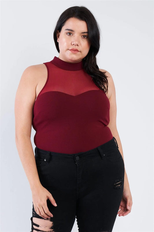 Junior Plus Size Burgundy Mock Turtleneck Bodysuit /2-2-2 - Tasha Apparel Wholesale