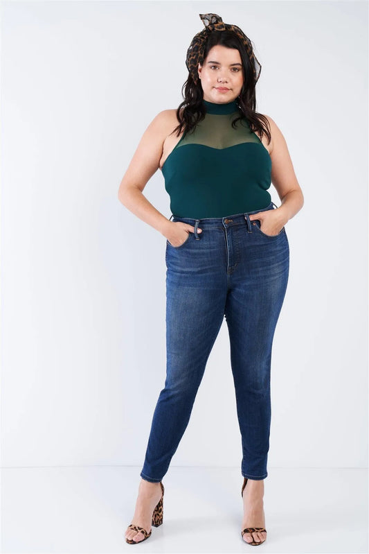 Junior Plus Size Hunter Green Mock Turtleneck Bodysuit /2-1-1 - Tasha Apparel Wholesale