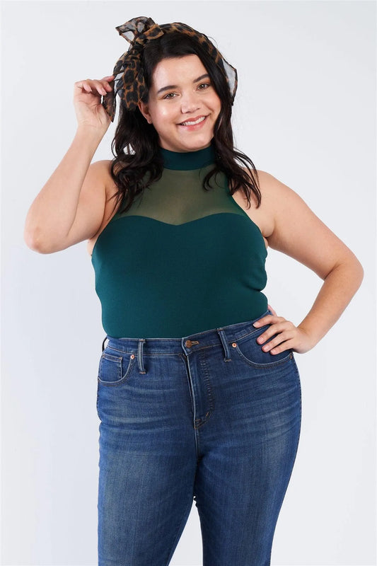 Junior Plus Size Hunter Green Mock Turtleneck Bodysuit /2-2-2 - Tasha Apparel Wholesale
