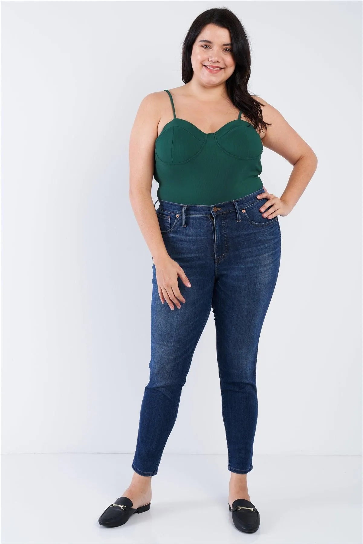 Junior Plus Size Hunter Green Cami Strapped Bustier Bodysuit /2-2-2 - Tasha Apparel Wholesale