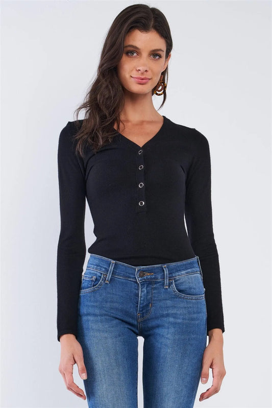 Solid Black Long Sleeve Ribbed Snap Button Down Hem V-Neck Bodysuit /3-3 - Tasha Apparel Wholesale