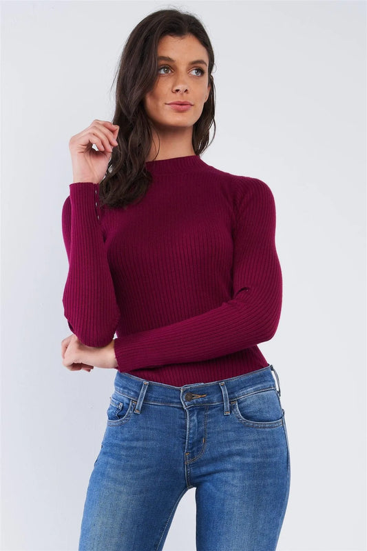 Burgundy Tight Fit Long Sleeve Semi-Turtleneck Ribbed Bodysuit /3-3 - Tasha Apparel Wholesale