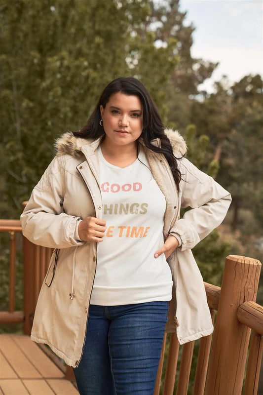 Junior Plus Size Beige Quilted Detail Vegan Fur Cotton Twill Parka Jacket - Tasha Apparel Wholesale