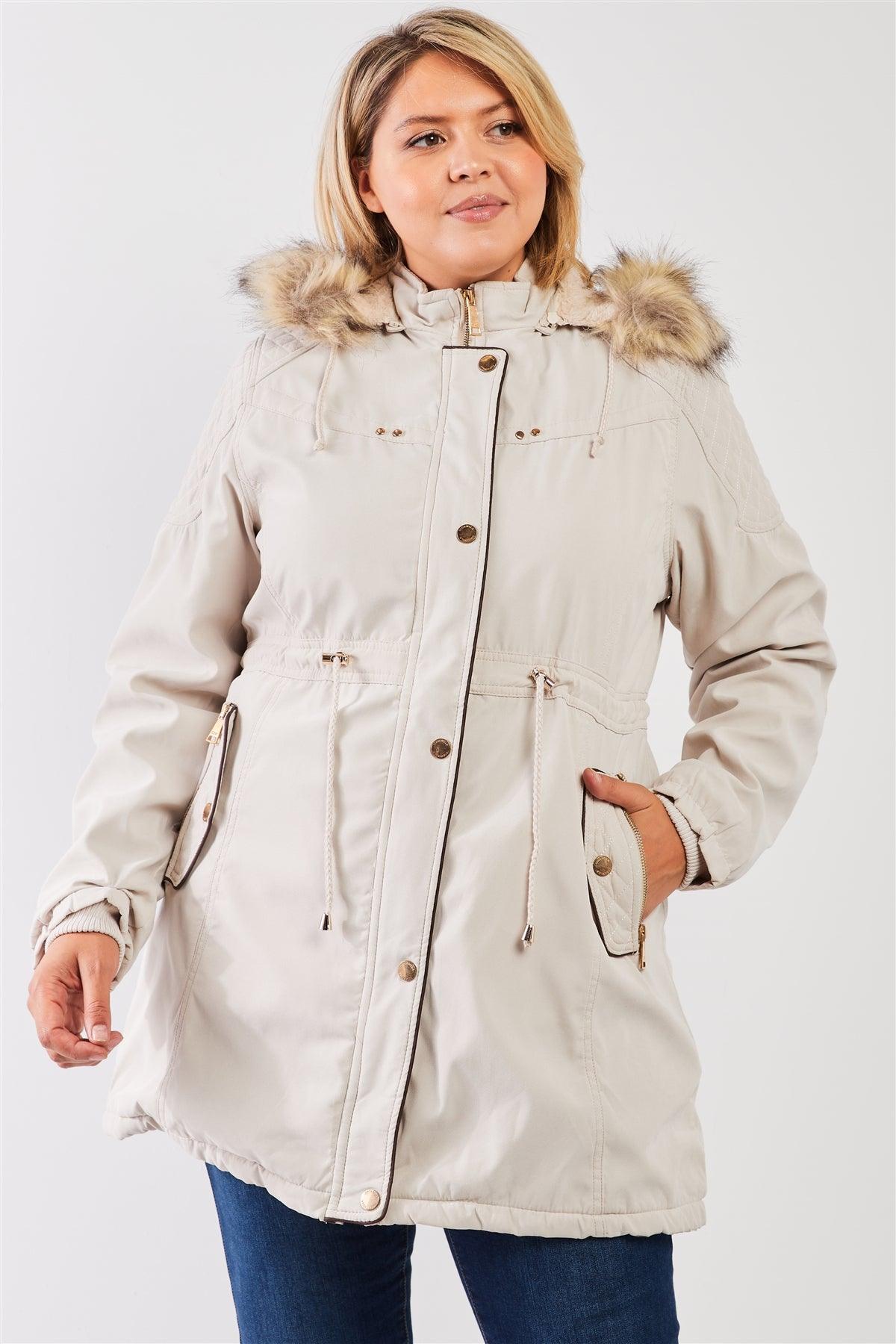 Junior Plus Size Beige Quilted Detail Vegan Fur Cotton Twill Parka Jacket /2-2-1-1
