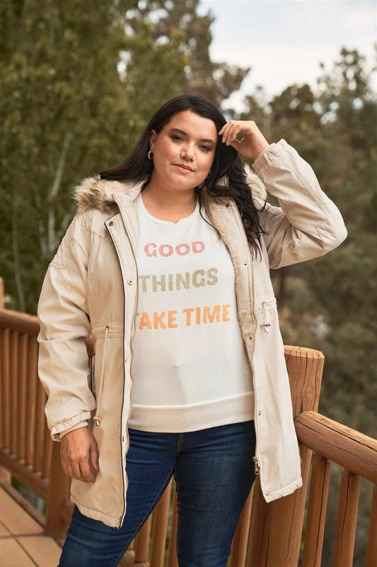Junior Plus Size Beige Quilted Detail Vegan Fur Cotton Twill Parka Jacket /1-2-1-2 - Tasha Apparel Wholesale