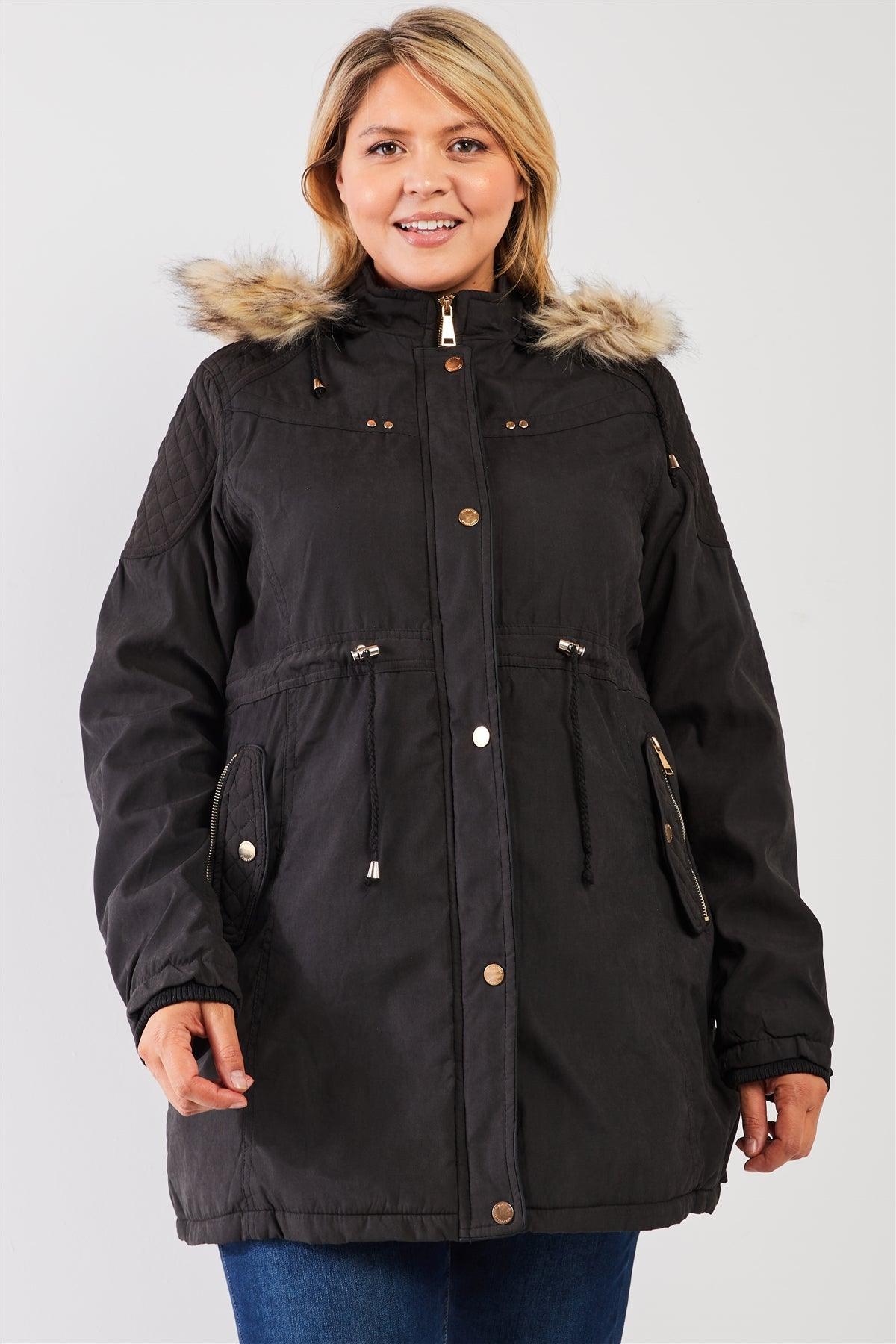 Junior Plus Size Charcoal Grey Quilted Detail Vegan Fur Cotton Twill Parka Jacket
