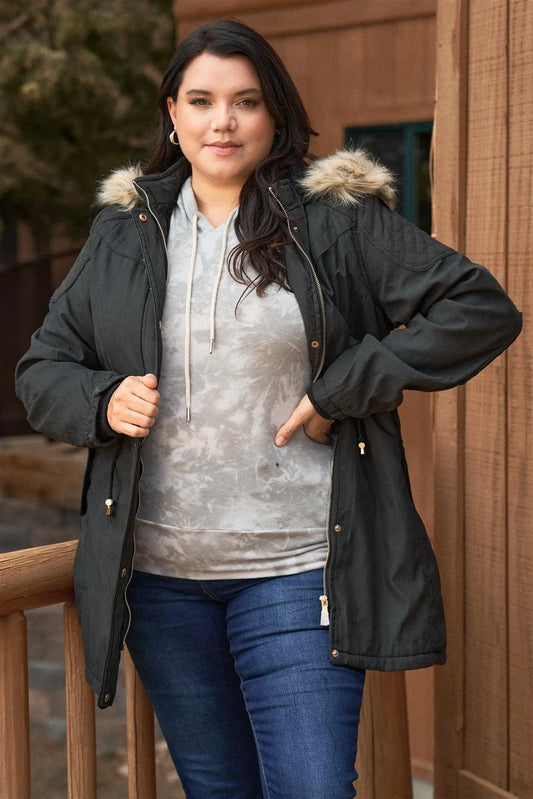 Junior Plus Size Charcoal Grey Quilted Detail Vegan Fur Cotton Twill Parka Jacket /3-2 - Tasha Apparel Wholesale