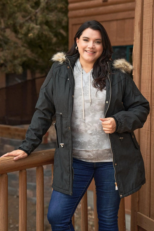 Junior Plus Size Charcoal Grey Quilted Detail Vegan Fur Cotton Twill Parka Jacket /2-2-1-1 - Tasha Apparel Wholesale