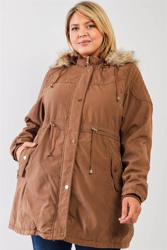 Junior Plus Size Brown Quilted Detail Vegan Fur Cotton Twill Parka Jacket /2-2 - Tasha Apparel Wholesale