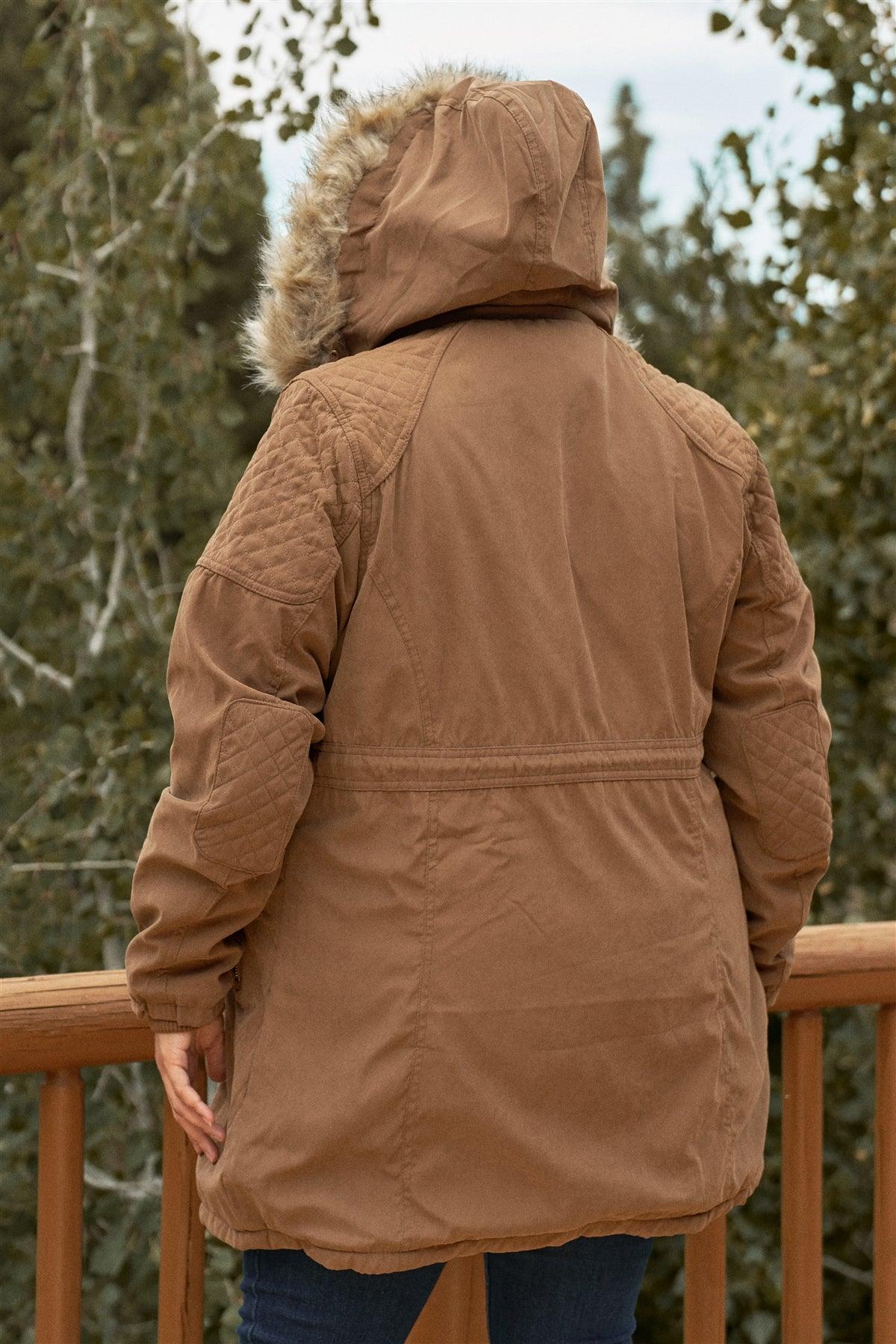 Junior Plus Size Brown Quilted Detail Vegan Fur Cotton Twill Parka Jacket /2-2