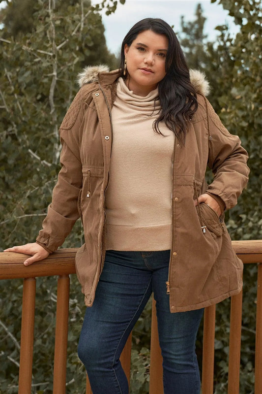 Junior Plus Size Brown Quilted Detail Vegan Fur Cotton Twill Parka Jacket /2-2-1-1 - Tasha Apparel Wholesale