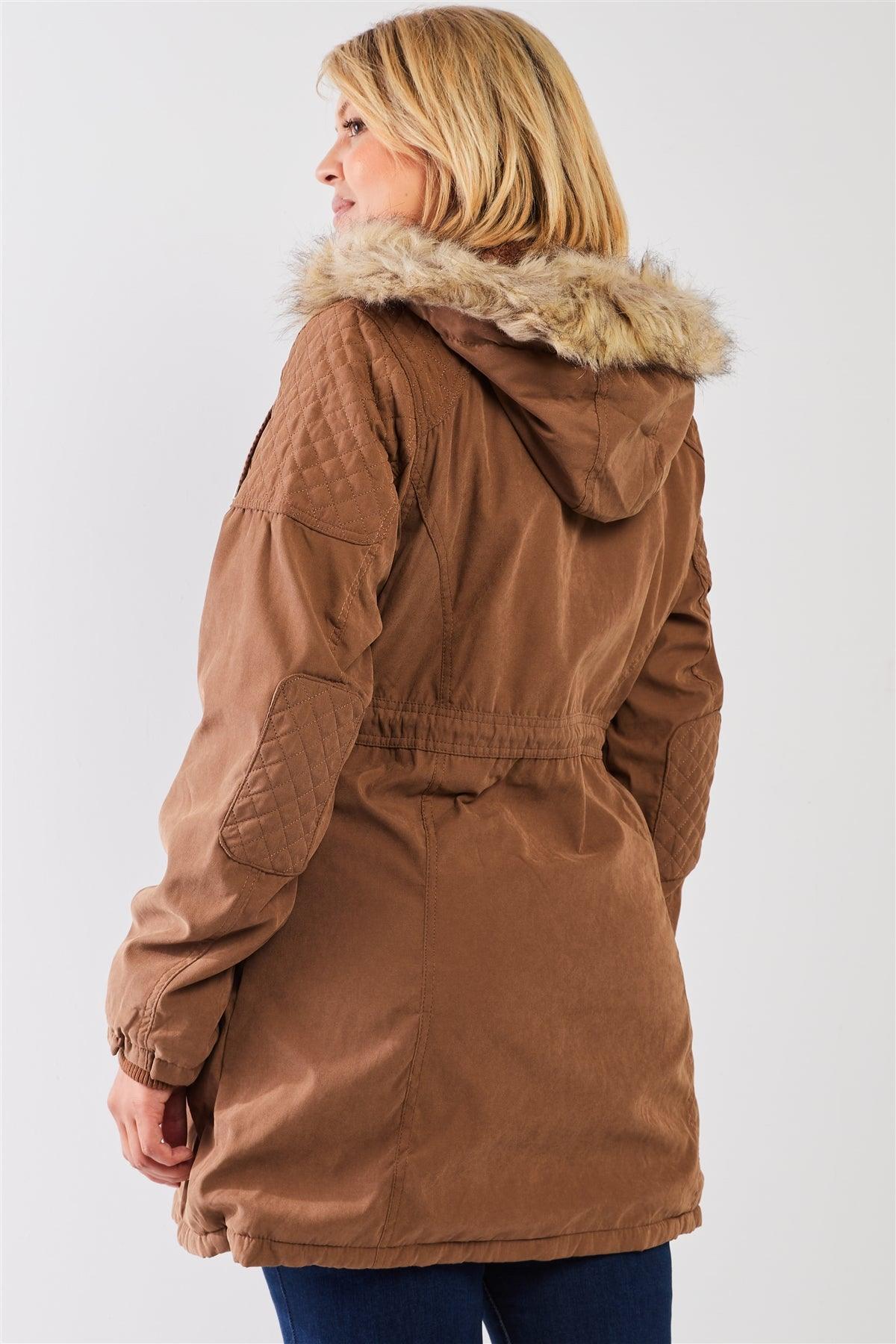 Junior Plus Size Brown Quilted Detail Vegan Fur Cotton Twill Parka Jacket /1-1-1-1