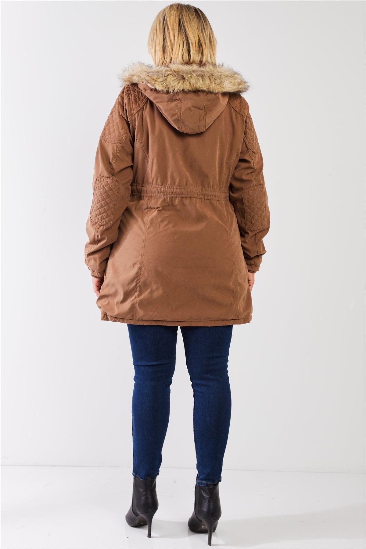 Junior Plus Size Brown Quilted Detail Vegan Fur Cotton Twill Parka Jacket /1-1-1-1