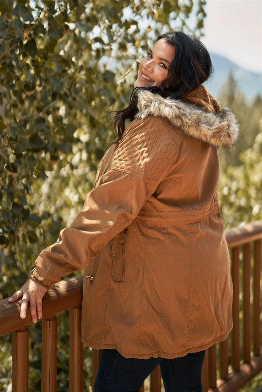 Junior Plus Size Camel Quilted Detail Vegan Fur Cotton Twill Parka Jacket - Tasha Apparel Wholesale