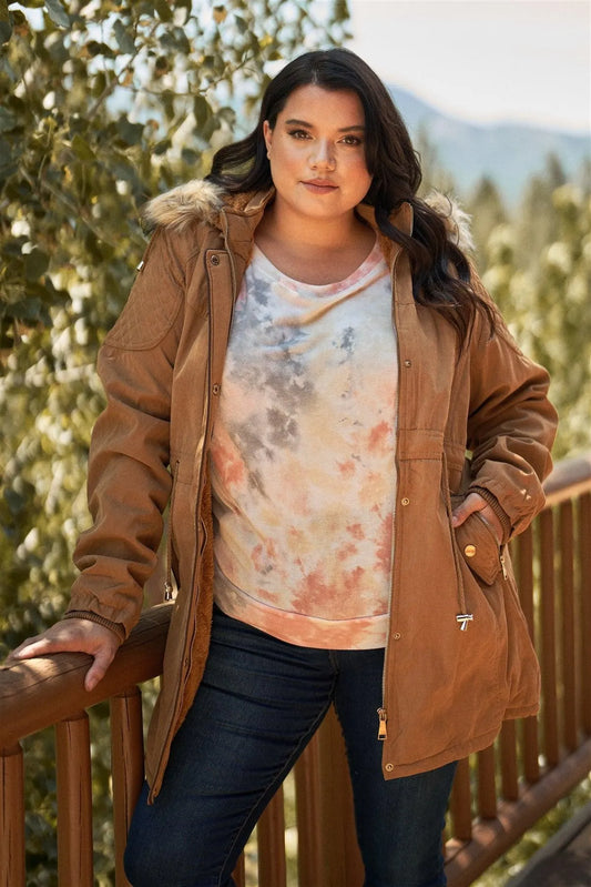 Junior Plus Size Camel Quilted Detail Vegan Fur Cotton Twill Parka Jacket /2-1-2 - Tasha Apparel Wholesale