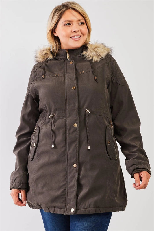 Junior Plus Size Olive Quilted Detail Vegan Fur Cotton Twill Parka Jacket - Tasha Apparel Wholesale