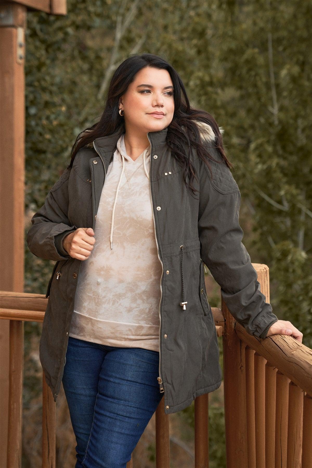 Junior Plus Size Olive Quilted Detail Vegan Fur Cotton Twill Parka Jacket