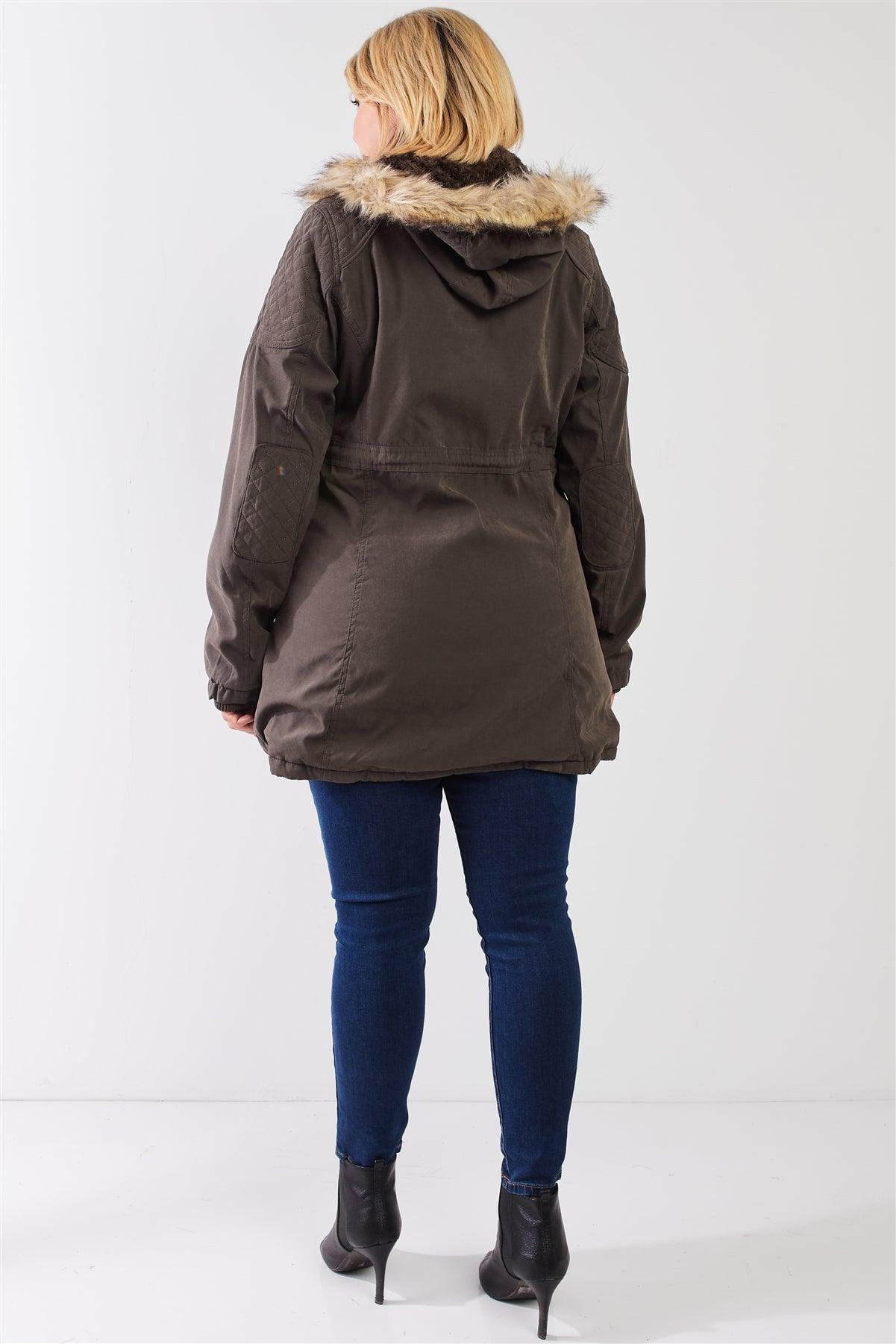 Junior Plus Size Olive Quilted Detail Vegan Fur Cotton Twill Parka Jacket /1-2-1