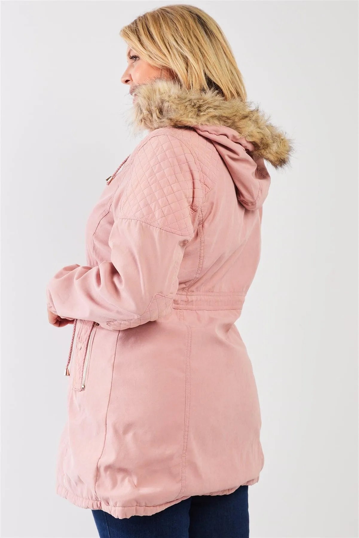 Junior Plus Size Pink Quilted Detail Vegan Fur Cotton Twill Parka Jacket /2-2 - Tasha Apparel Wholesale