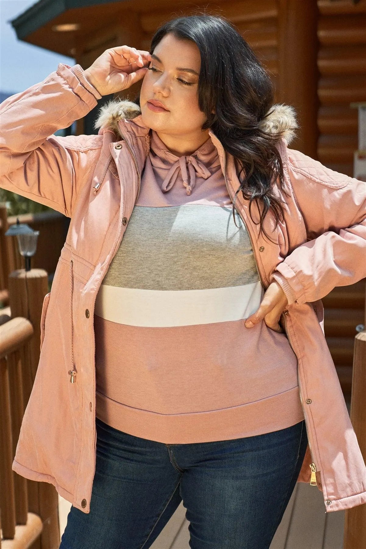 Junior Plus Size Pink Quilted Detail Vegan Fur Cotton Twill Parka Jacket /2-2 - Tasha Apparel Wholesale