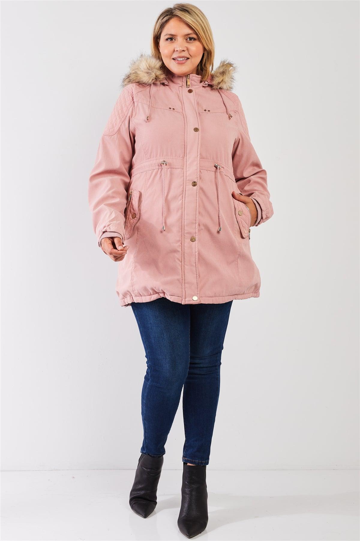 Junior Plus Size Pink Quilted Detail Vegan Fur Cotton Twill Parka Jacket /2-2-1-1