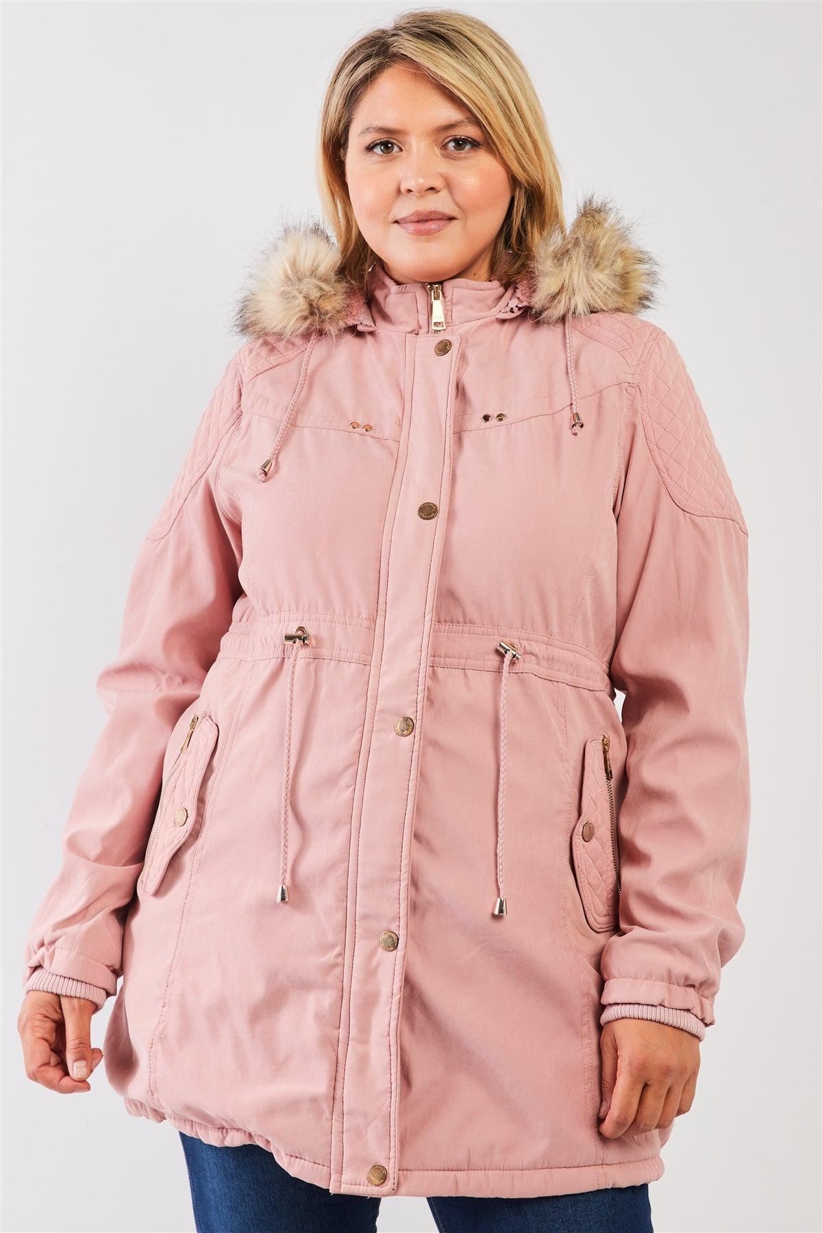 Junior Plus Size Pink Quilted Detail Vegan Fur Cotton Twill Parka Jacket
