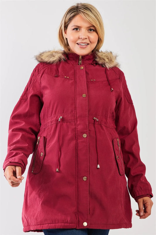 Junior Plus Size Wine Fuchsia Quilted Detail Vegan Fur Cotton Twill Parka Jacket - Tasha Apparel Wholesale