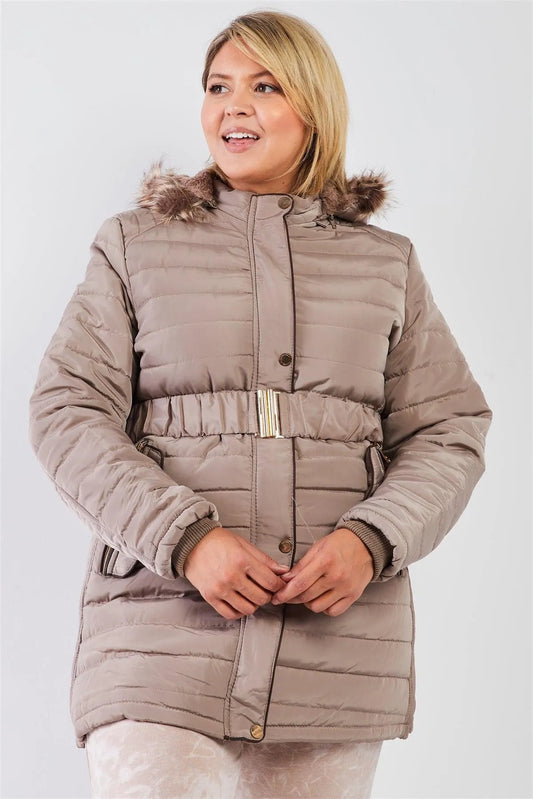 Junior Plus Beige-Grey Parallel Quilt Faux Fur Hood Belted Padded Long Puffer Jacket - Tasha Apparel Wholesale