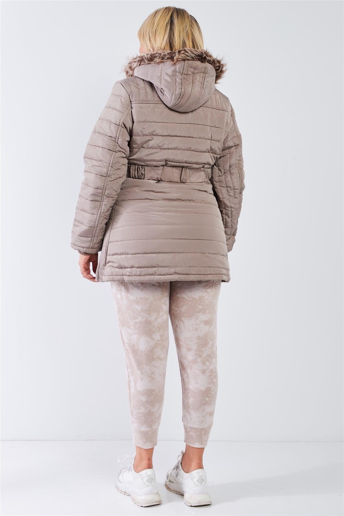 Junior Plus Beige-Grey Parallel Quilt Faux Fur Hood Belted Padded Long Puffer Jacket /2-3