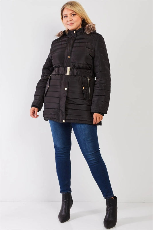 Junior Plus Black Parallel Quilt Faux Fur Hood Belted Padded Long Puffer Jacket /1-1-1-1 - Tasha Apparel Wholesale