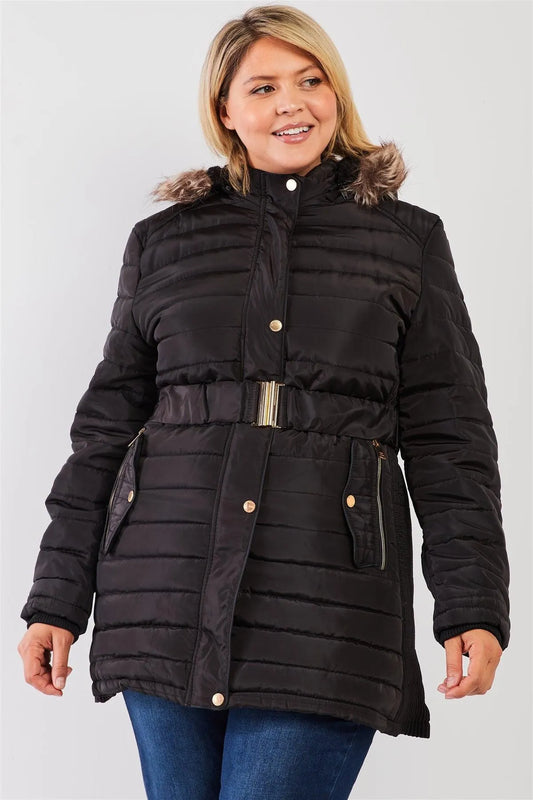 Junior Plus Black Parallel Quilt Faux Fur Hood Belted Padded Long Puffer Jacket /1-3-2 - Tasha Apparel Wholesale