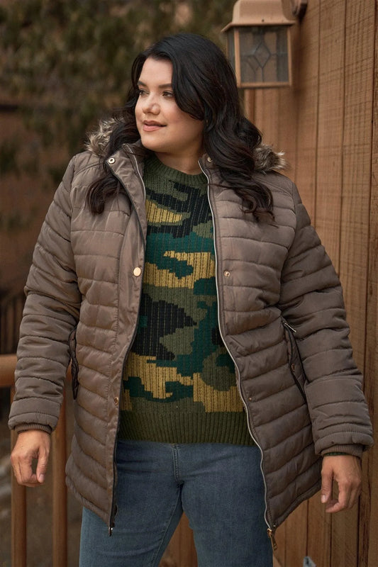 Junior Plus Brown Parallel Quilt Faux Fur Hood Belted Padded Long Puffer Jacket /1-1-1-1 - Tasha Apparel Wholesale