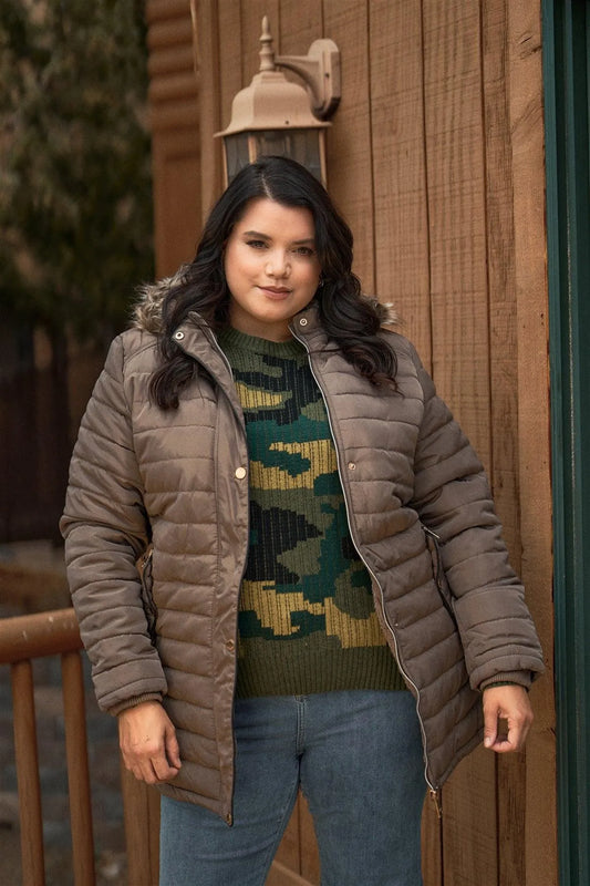Junior Plus Brown Parallel Quilt Faux Fur Hood Belted Padded Long Puffer Jacket /2-2 - Tasha Apparel Wholesale