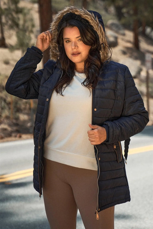 Junior Plus Navy Parallel Quilt Faux Fur Hood Belted Padded Long Puffer Jacket /1-1-1-1 - Tasha Apparel Wholesale