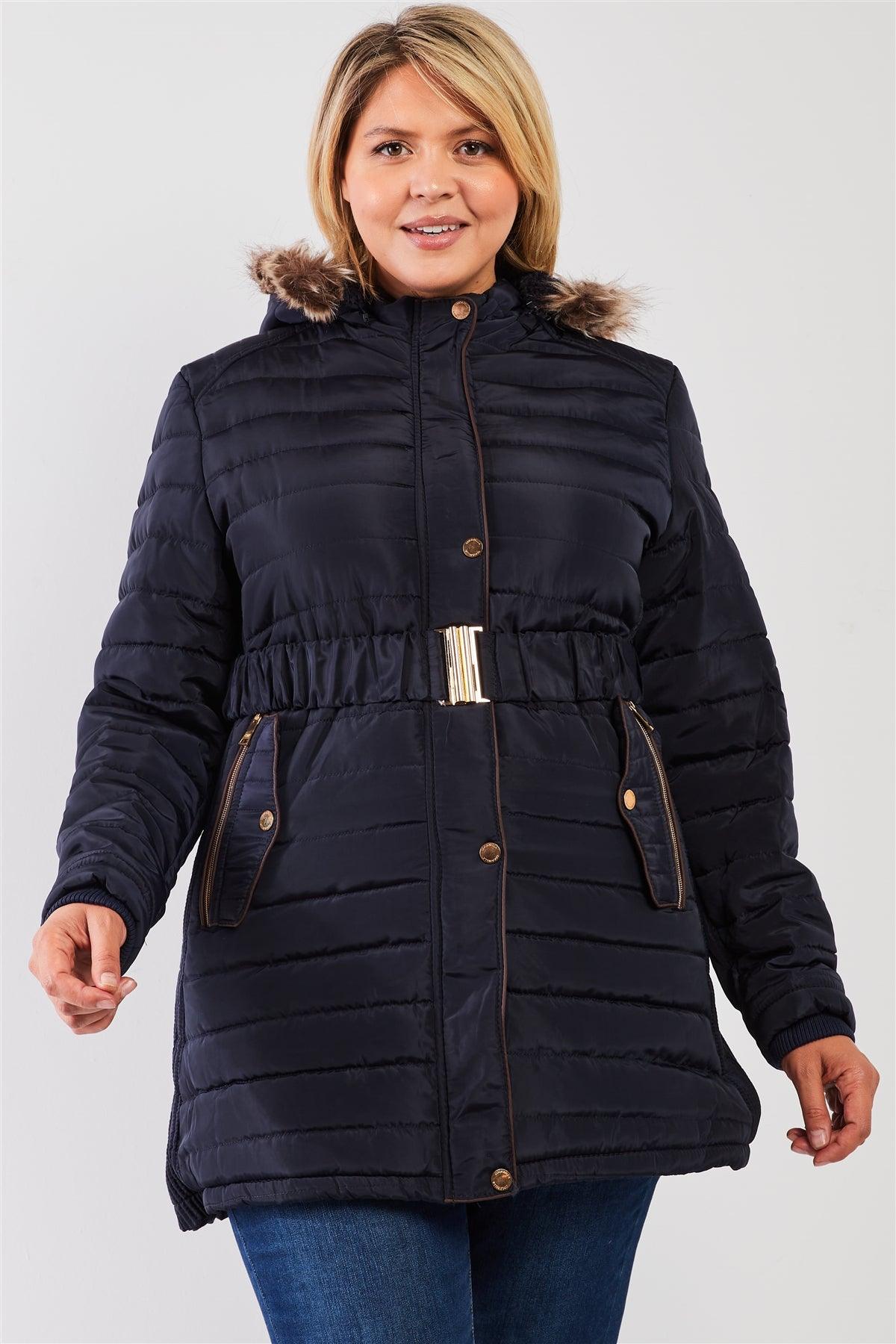 Junior Plus Navy Parallel Quilt Faux Fur Hood Belted Padded Long Puffer Jacket /1-1-1-1