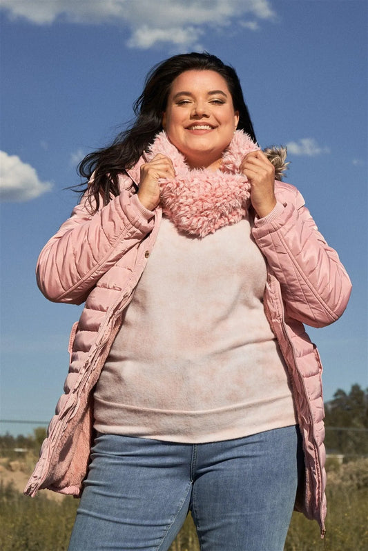 Junior Plus Pink Parallel Quilt Faux Fur Hood Belted Padded Long Puffer Jacket - Tasha Apparel Wholesale