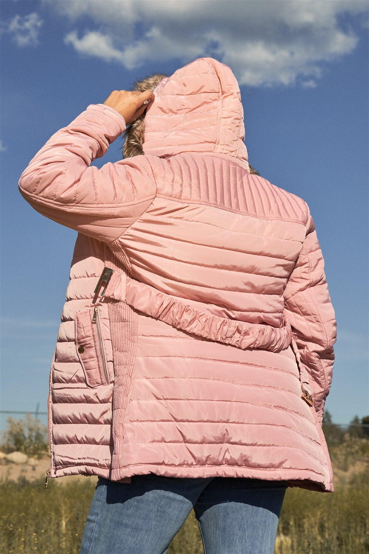 Junior Plus Pink Parallel Quilt Faux Fur Hood Belted Padded Long Puffer Jacket /1-1-1-1