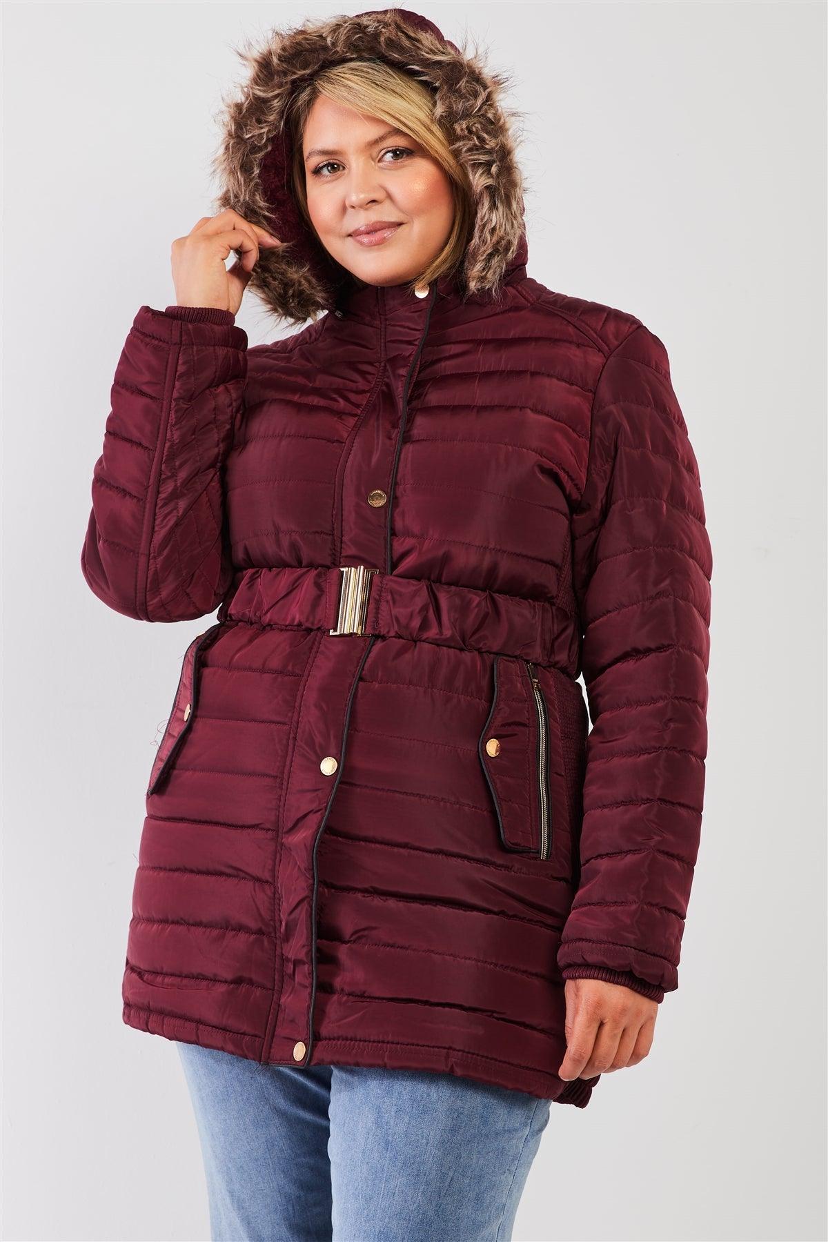 Junior Plus Wine Parallel Quilt Faux Fur Hood Belted Padded Long Puffer Jacket