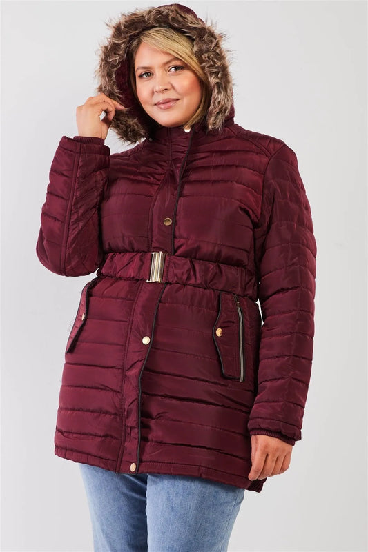 Junior Plus Wine Parallel Quilt Faux Fur Hood Belted Padded Long Puffer Jacket /1-1-1-1 - Tasha Apparel Wholesale