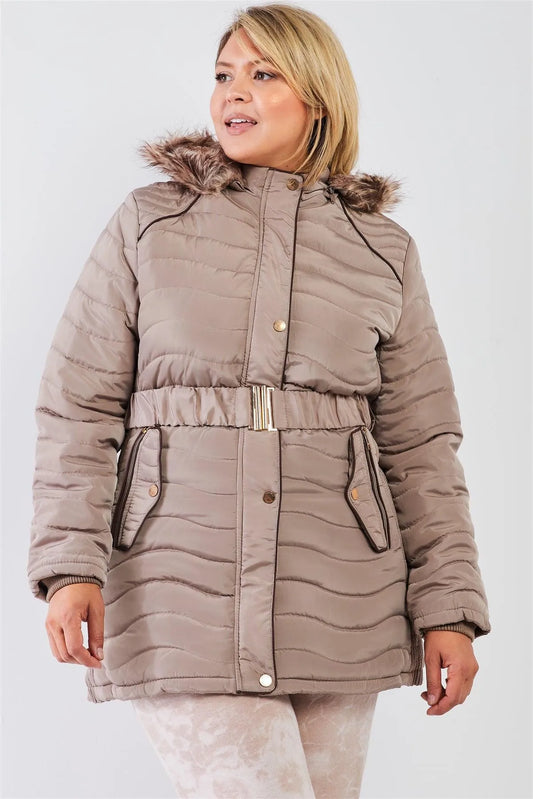 Junior Plus Beige-Tan Wavy Quilt Padded Faux Fur Detachable Hood Belted Long Puffer Jacket /2-1-1 - Tasha Apparel Wholesale
