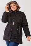 Junior Plus Black Wavy Quilt Padded Faux Fur Detachable Hood Belted Long Puffer Jacket /1-1-1-1 - Tasha Apparel Wholesale