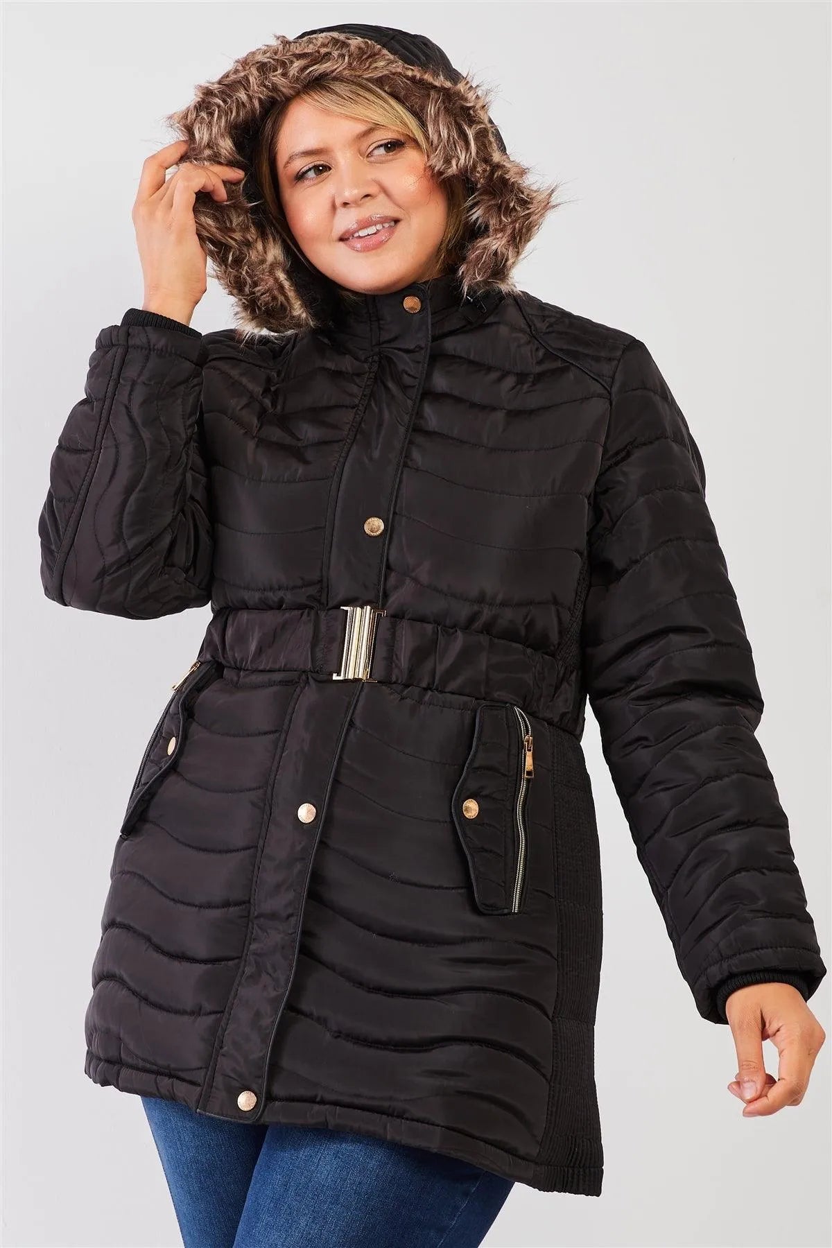 Junior Plus Black Wavy Quilt Padded Faux Fur Detachable Hood Belted Long Puffer Jacket /1-1-1-1 - Tasha Apparel Wholesale