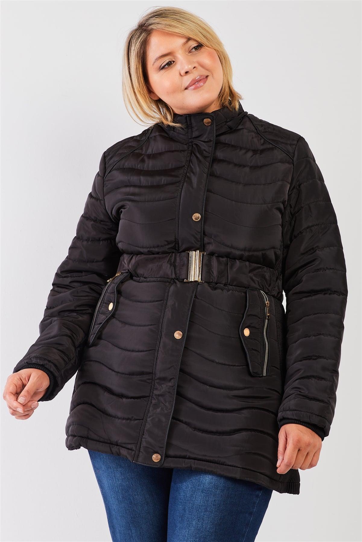 Junior Plus Black Wavy Quilt Padded Faux Fur Detachable Hood Belted Long Puffer Jacket /1-1-1-1