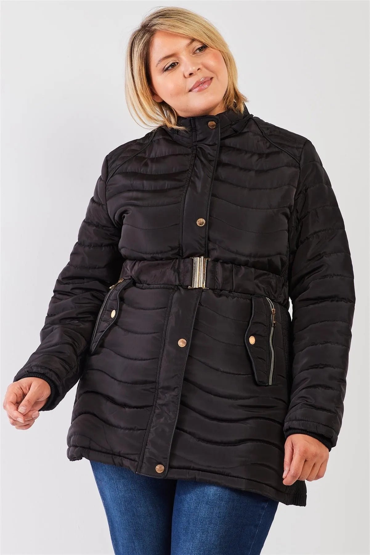 Junior Plus Black Wavy Quilt Padded Faux Fur Detachable Hood Belted Long Puffer Jacket /1-1-1-1 - Tasha Apparel Wholesale